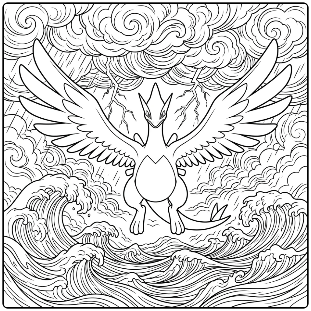 Prachtige Pokemon Lugia kleurplaat in een zware oceaanstorm.