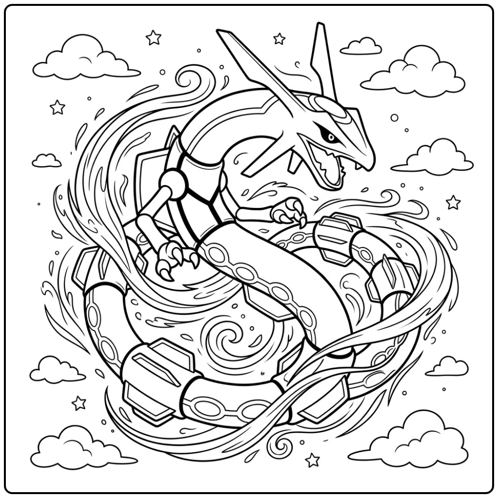 Dynamische rayquaza kleurplaat: Rayquaza vliegt door de lucht