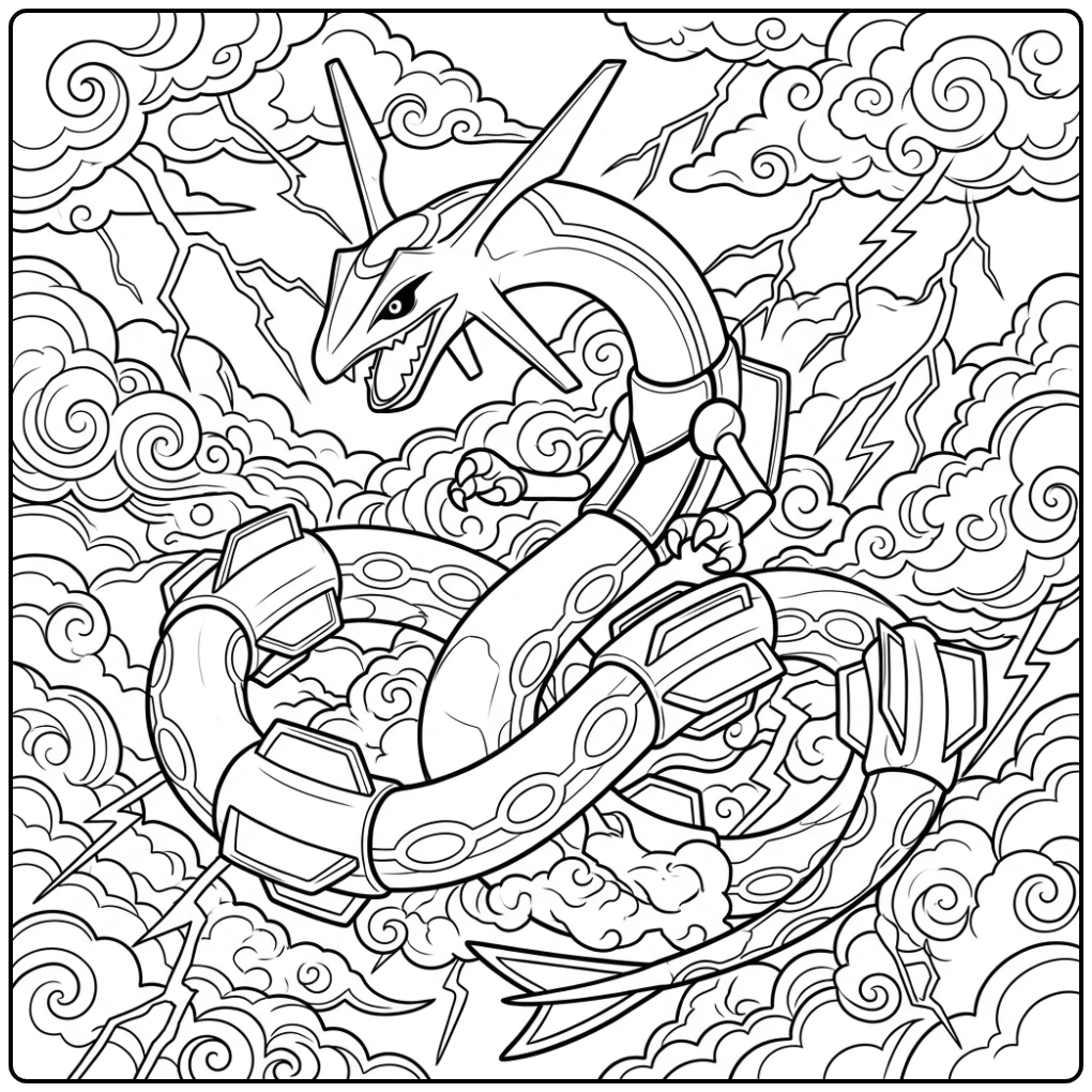 Rayquaza in actie: een moeilijke kleurplaat pokemon moeilijk om te bedwingen.