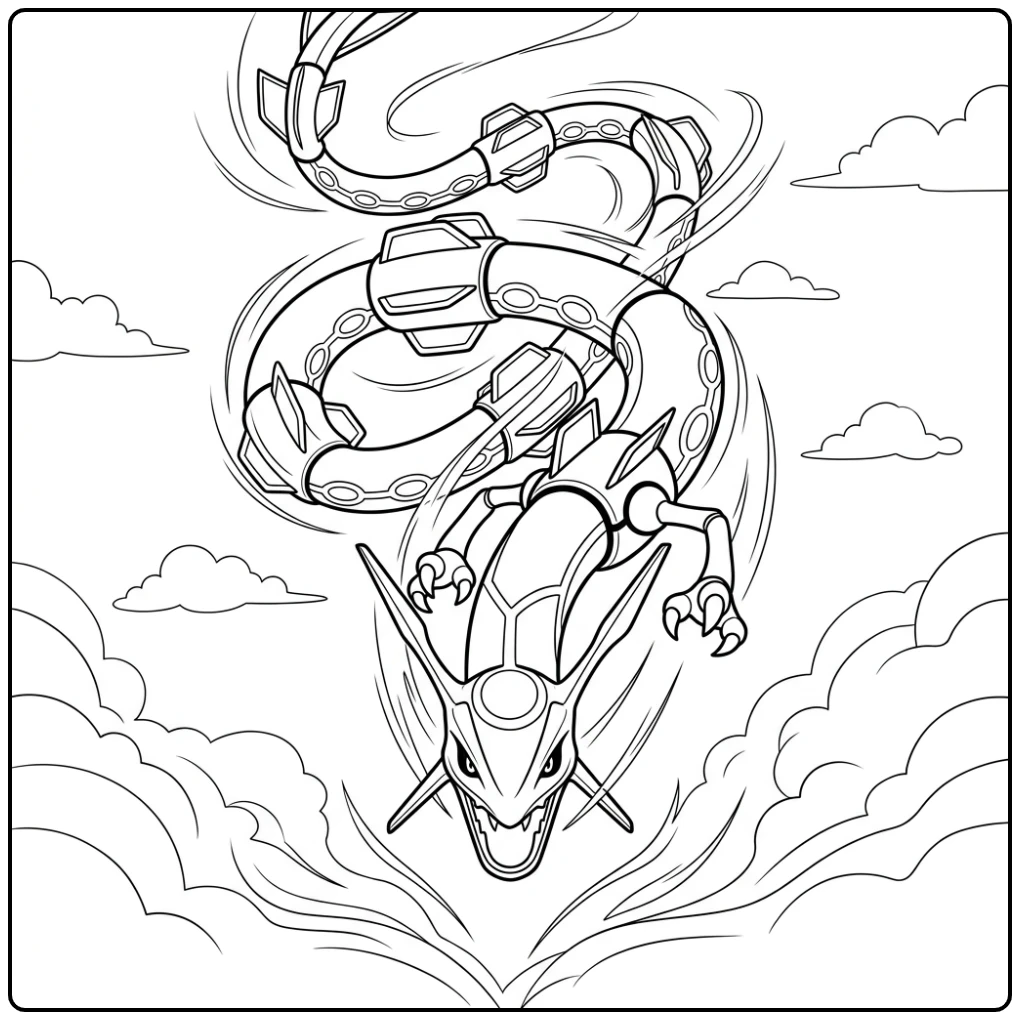 Dramatische rayquaza kleurplaat: Rayquaza duikt uit de wolken.