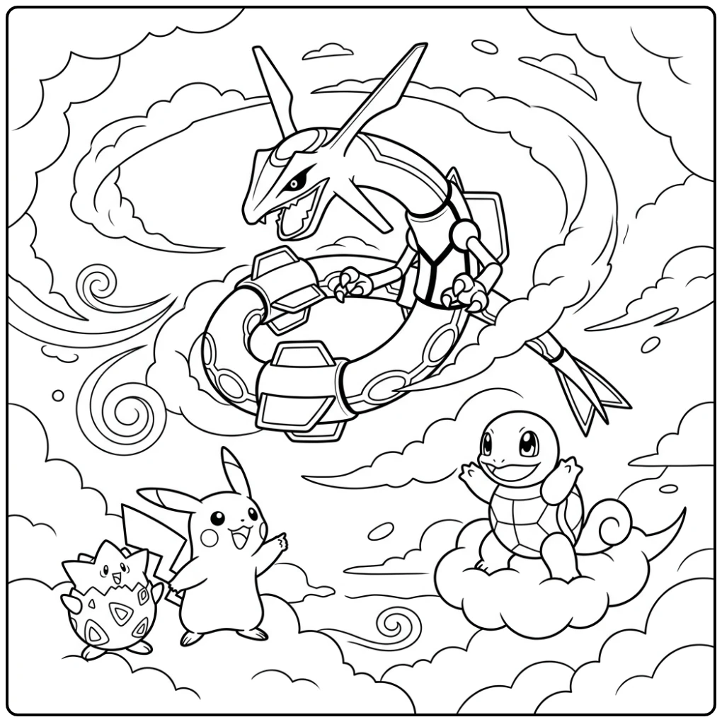 Dynamische rayquaza kleurplaat: Rayquaza zweeft, vrienden kijken toe.