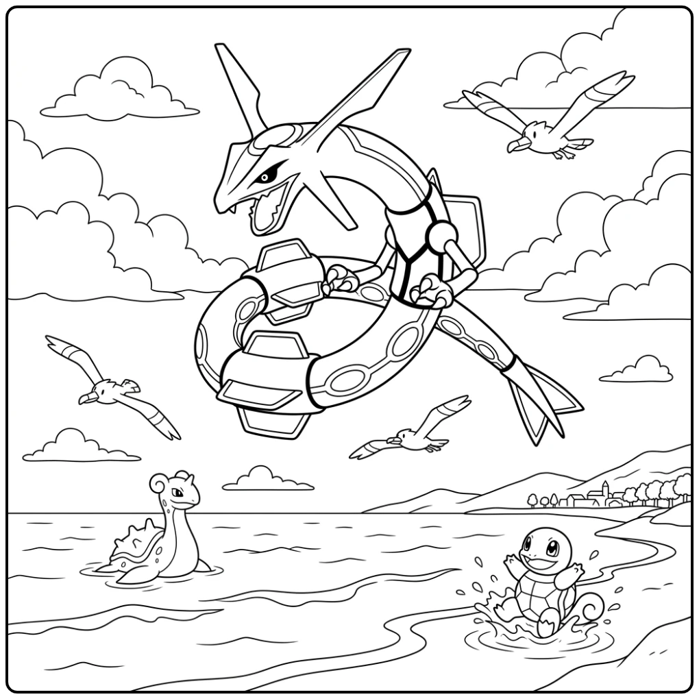 Majestueuze rayquaza kleurplaat boven oceaan met vrienden.