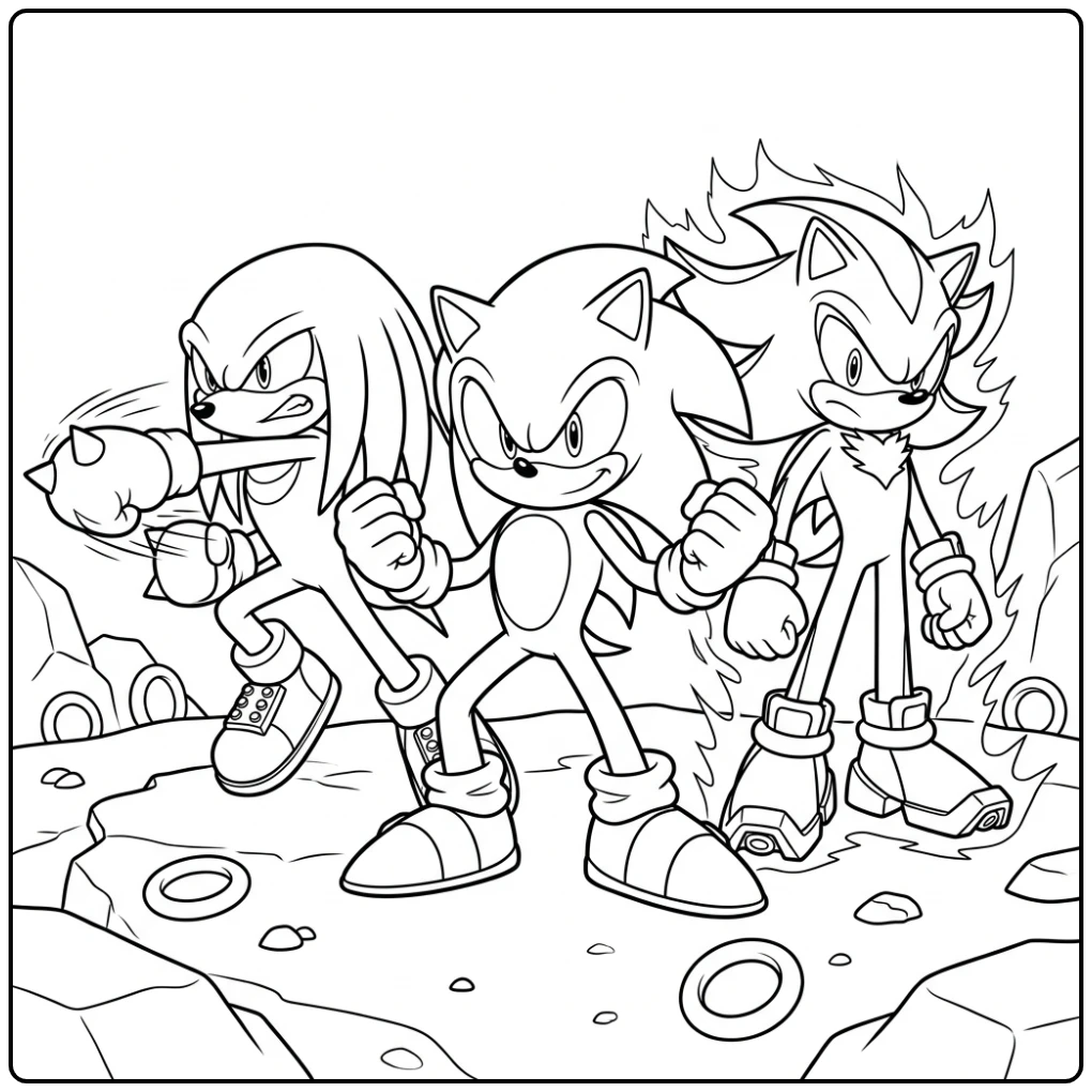 Sonic, Knuckles en Shadow in actie op deze dynamische sonic kleurplaat.