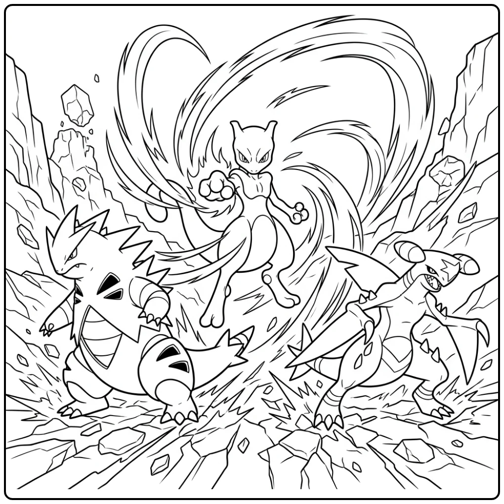 Intense mewtwo kleurplaat met Tyranitar en Garchomp.
