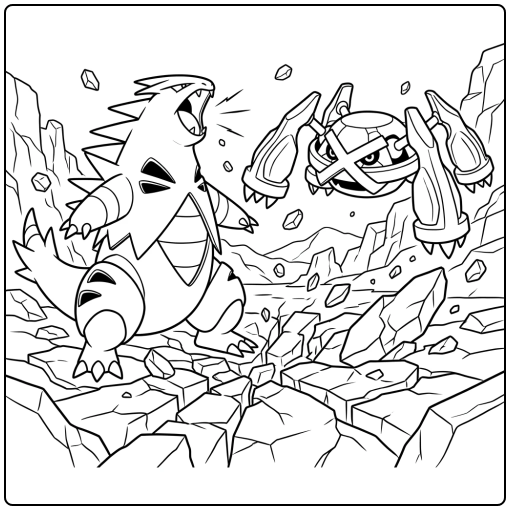 Brullende Tyranitar vs Metagross kleurplaat pokemon moeilijk duel