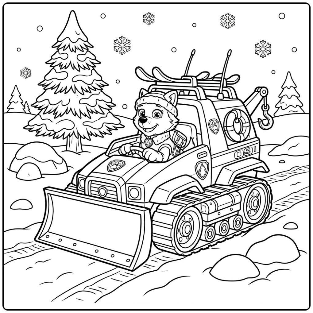 Everest in haar sneeuwvoertuig, een leuke paw patrol auto kleurplaat.