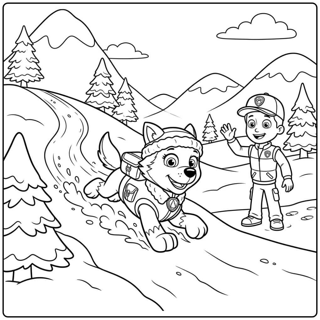 Everest glijdt vrolijk van een besneeuwde heuvel; everest paw patrol kleurplaat.