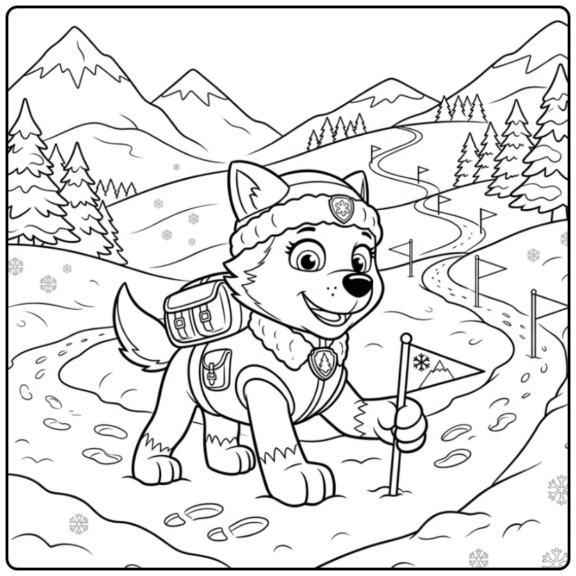 everest paw patrol kleurplaat: Everest plaatst veiligheidsmarkeringen.