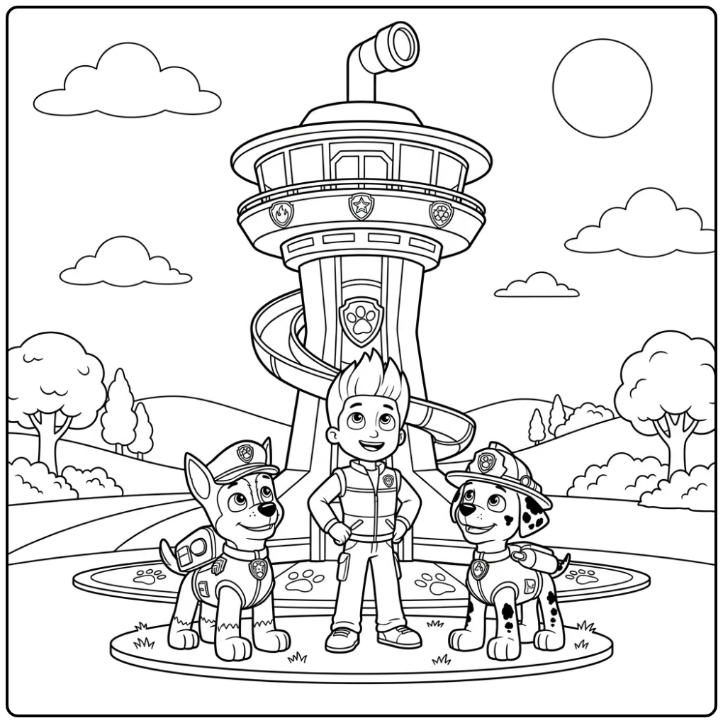 Paw Patrol uitkijktoren kleurplaat met Ryder en pups bij de toren