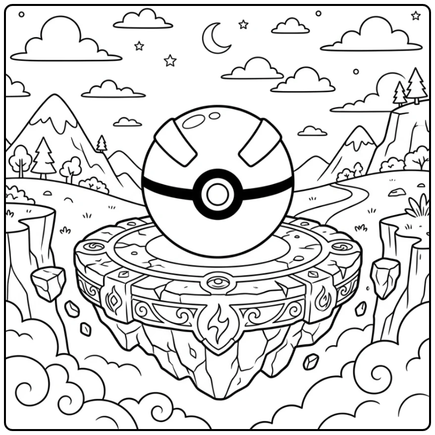 Een zwevende pokemon bal kleurplaat op een stenen platform.