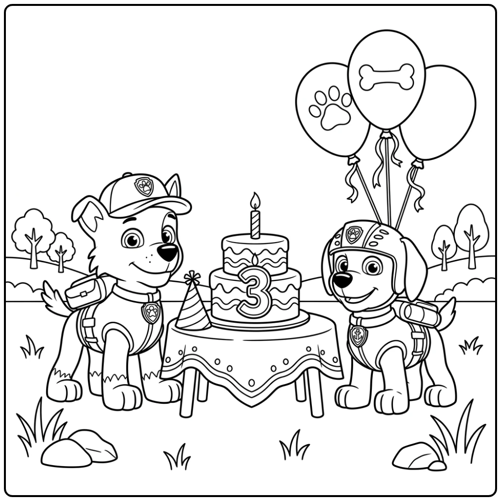Zuma met ballonnen en Rocky bij taart op kleurplaat paw patrol 3 verjaardag.