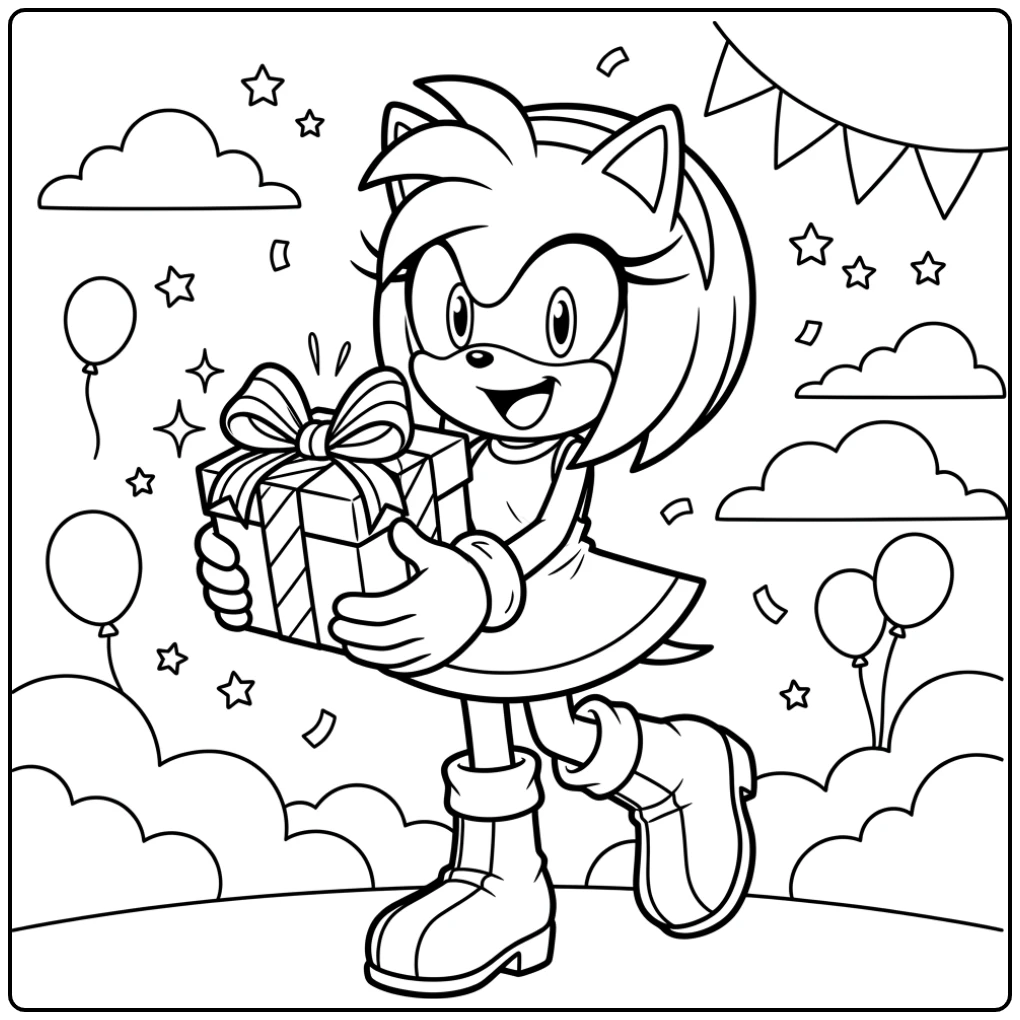 amy sonic kleurplaat: Amy Rose viert feest met een cadeau.