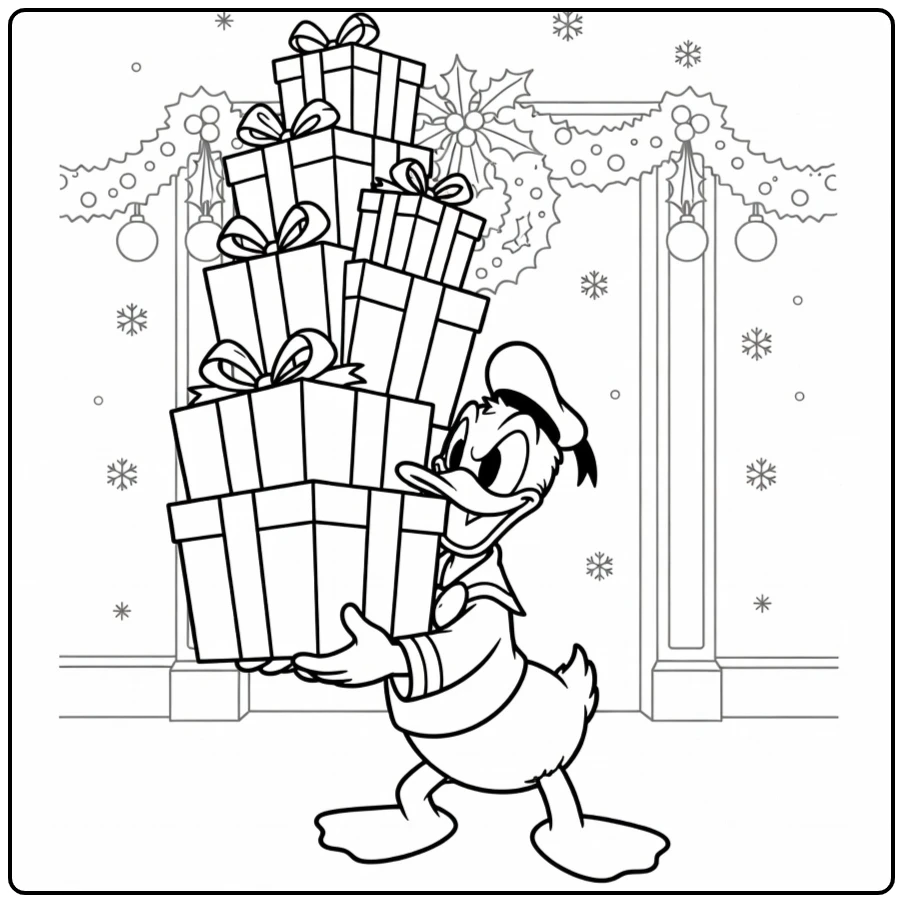 Donald Duck met torenhoge kerstcadeaus, kleurplaat donald duck kerst