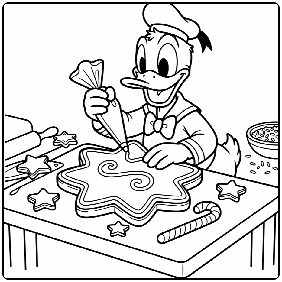 Donald Duck versiert kerstkoek; kleurplaat donald duck kerst glazuur