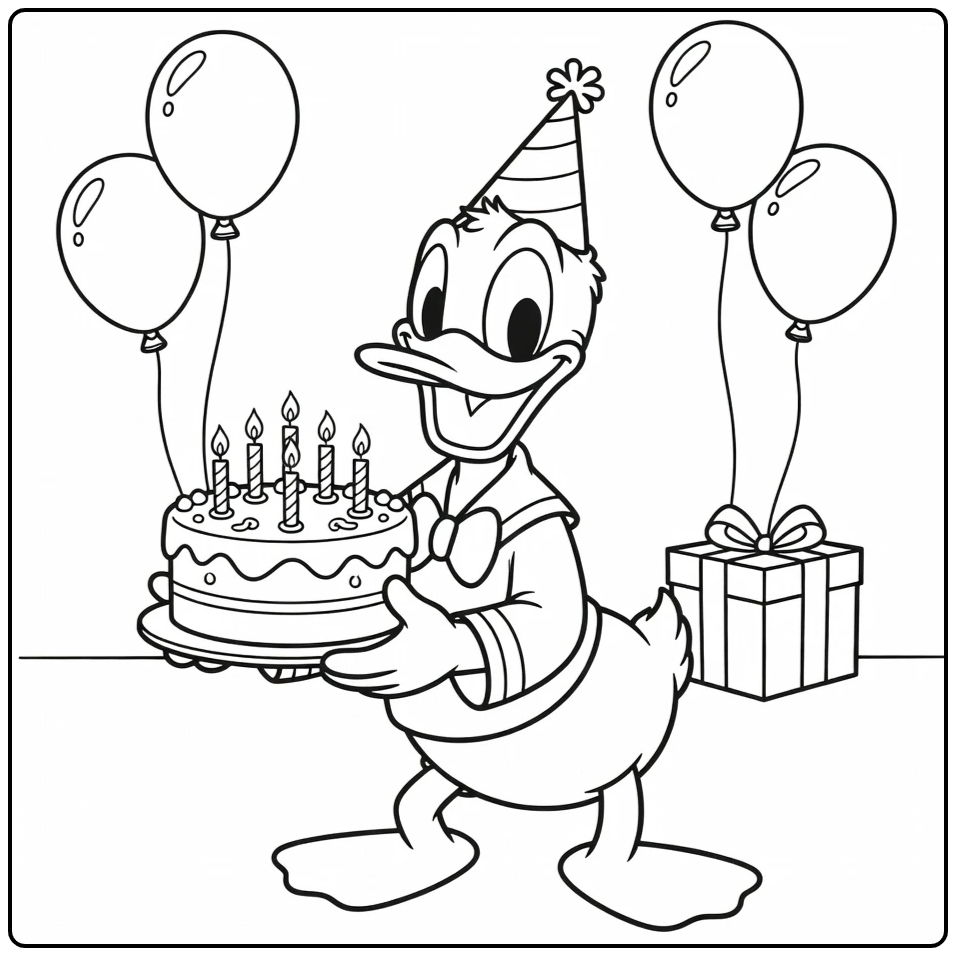 Donald Duck viert feest met taart en hoed; kleurplaat donald duck verjaardag