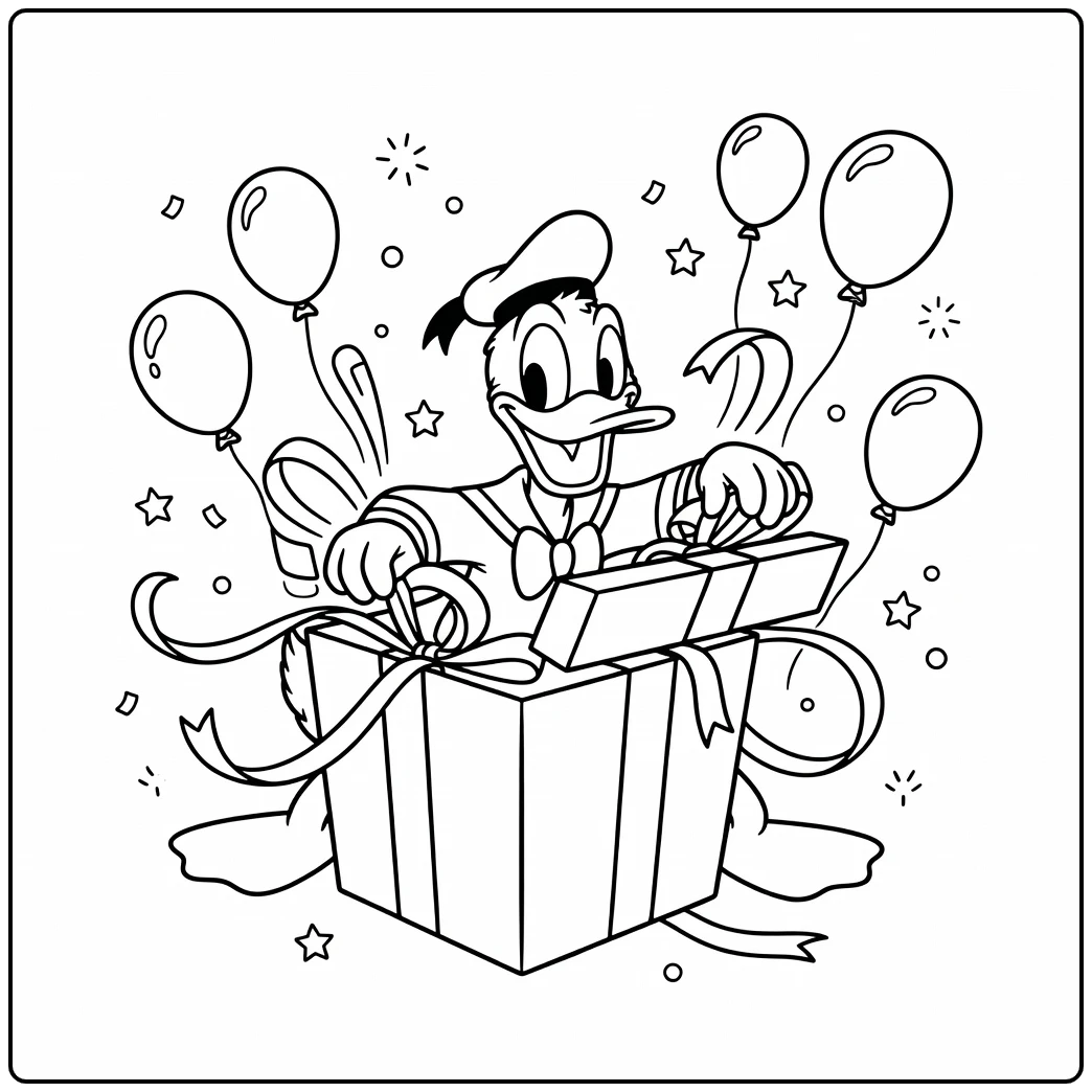 Kleurplaat donald duck verjaardag: Donald opent groot cadeau feestelijk.