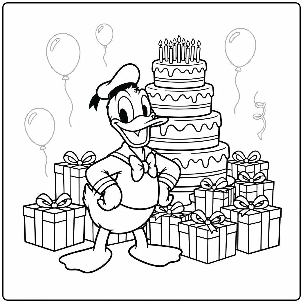 Blije Donald Duck bij feesttaart en cadeaus, kleurplaat donald duck verjaardag