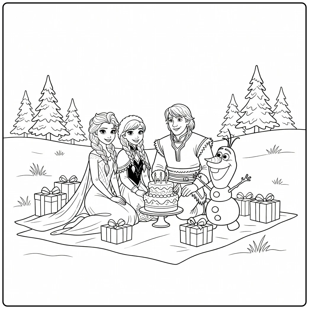 Elsa en Anna op een kleurplaat frozen verjaardag picknick.