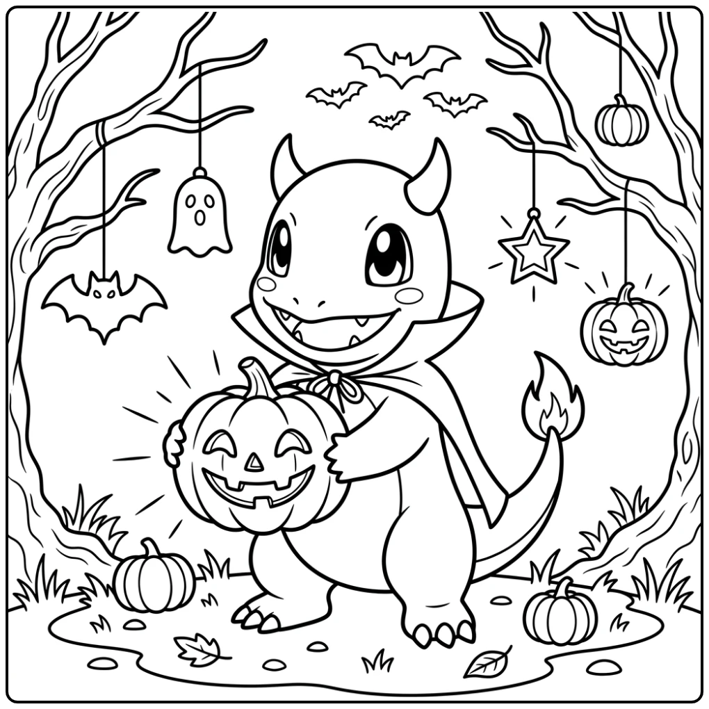Charmander kleurplaat halloween pokemon in duivels kostuum met pompoen.