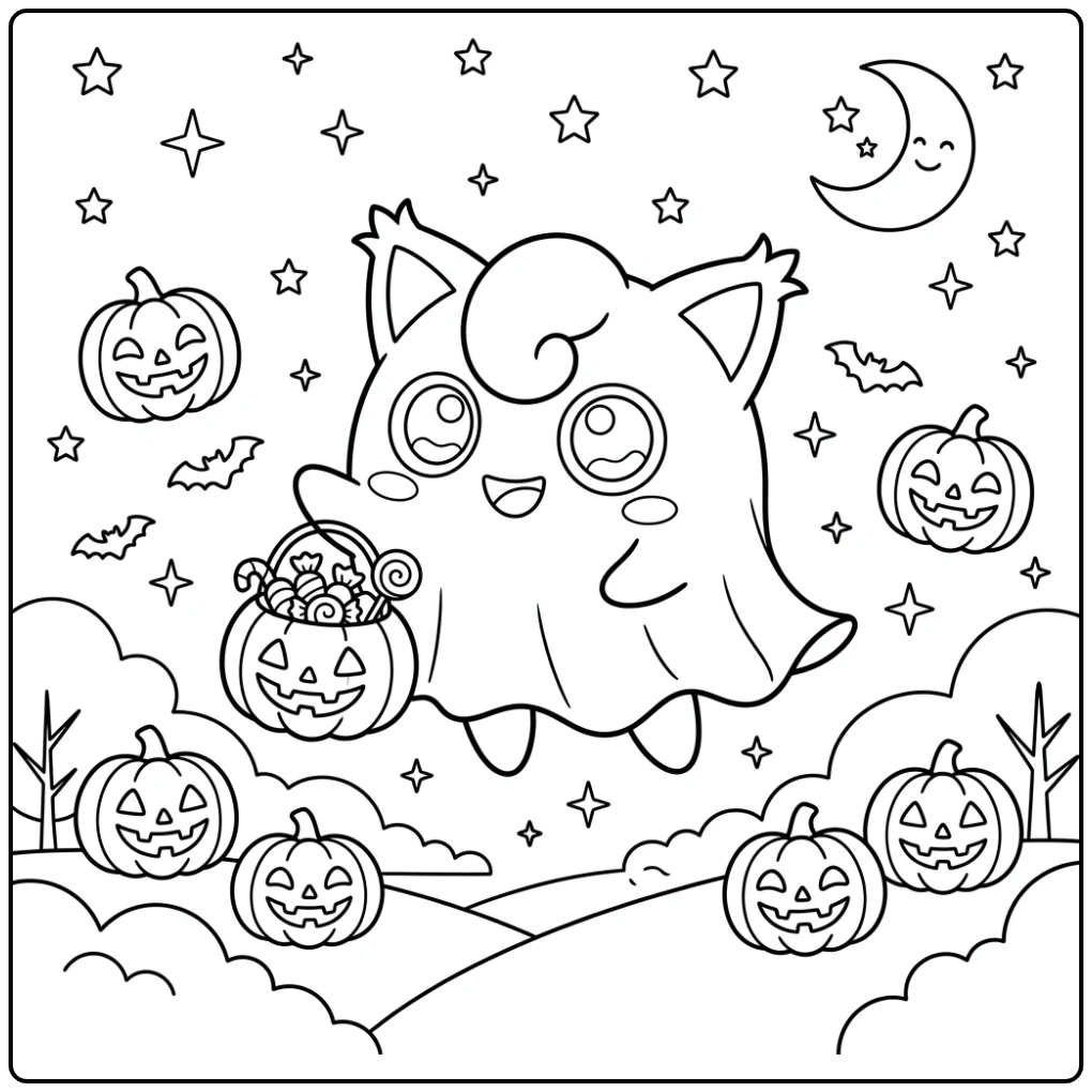 Jigglypuff als spookje, leuke kleurplaat halloween pokemon