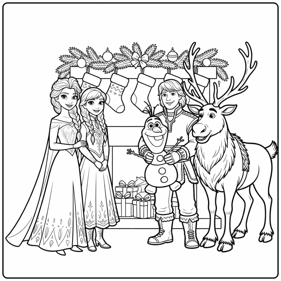 Mooie kleurplaat kerst frozen met Elsa, Anna en Olaf.