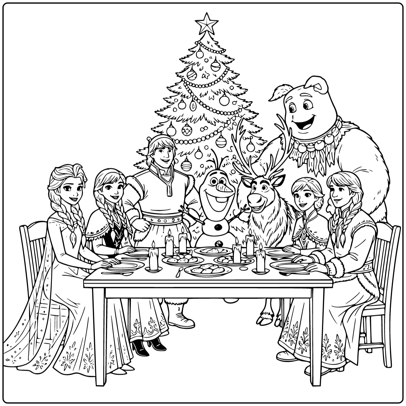 Alle vrienden aan het diner: kleurplaat kerst frozen