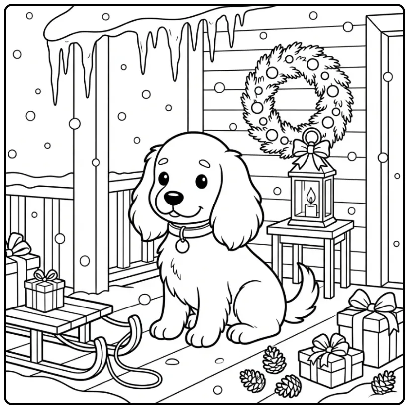 Leuke kleurplaat kerst puppy met cadeautjes en een slee