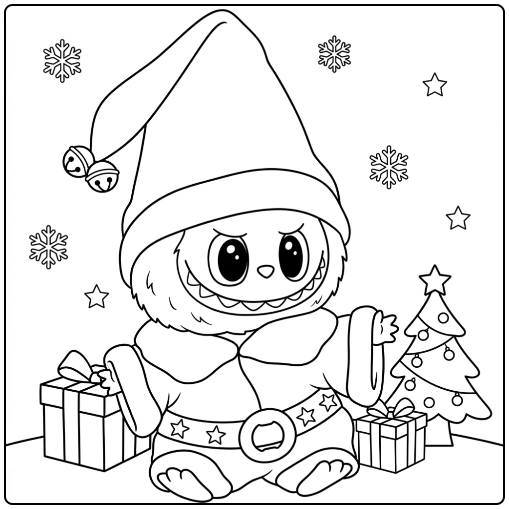 Kleurplaat labubu kerst met cadeaus, boom en sneeuwvlokken.