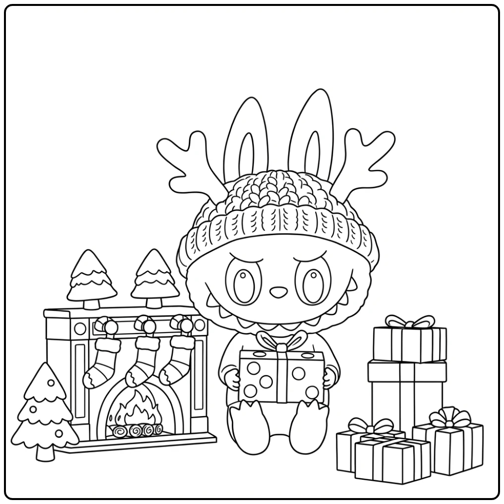Leuke kleurplaat labubu kerst met een rendiermuts en cadeaus.
