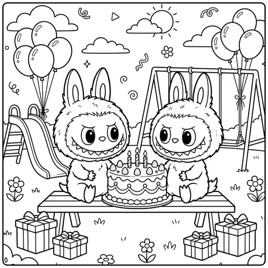 Vrolijke kleurplaat labubu verjaardag met taart en ballonnen