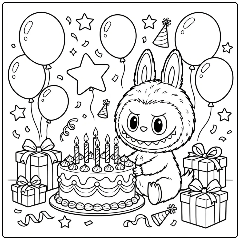 Vrolijke kleurplaat labubu verjaardag met taart en ballonnen.