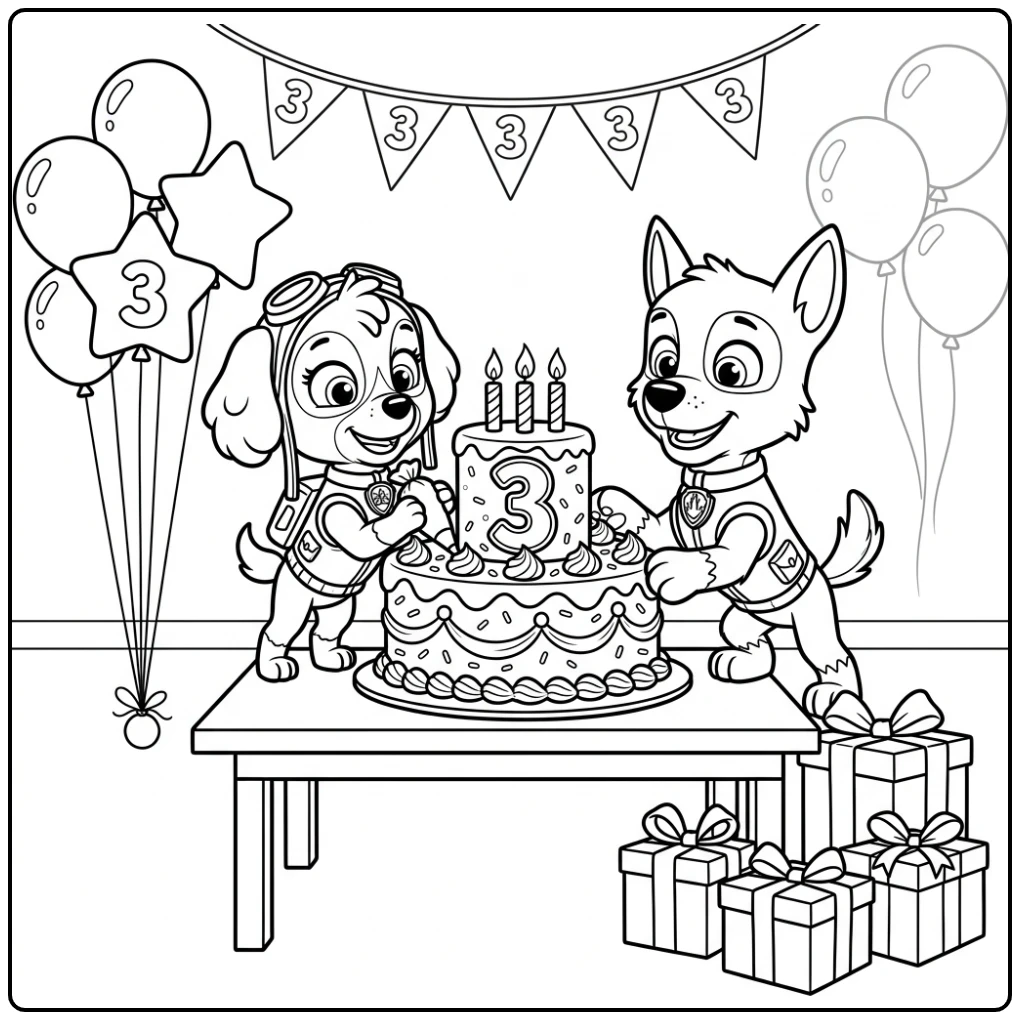 Kleurplaat paw patrol 3 verjaardag met Liberty en Skye die een taart versieren.