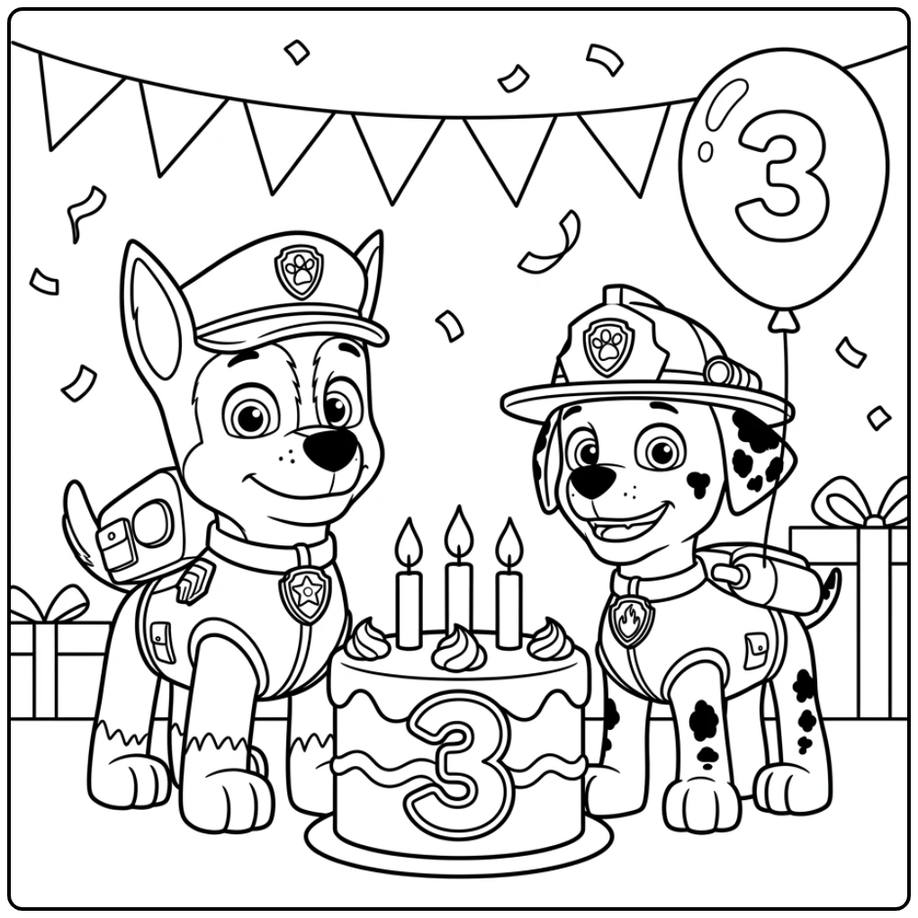 Chase en Marshall vieren feest: kleurplaat paw patrol 3 verjaardag