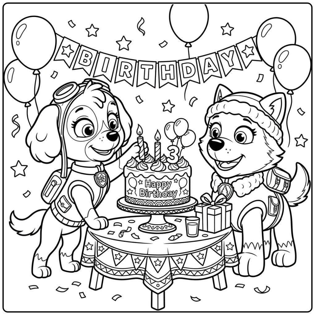 Skye viert 3e verjaardag met cake, kleurplaat paw patrol 3 verjaardag.