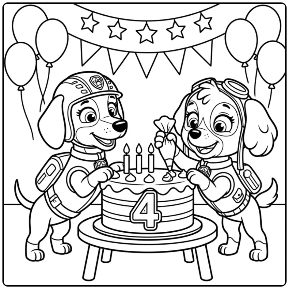 Liberty en Skye vieren feest met kleurplaat paw patrol verjaardag 4 jaar
