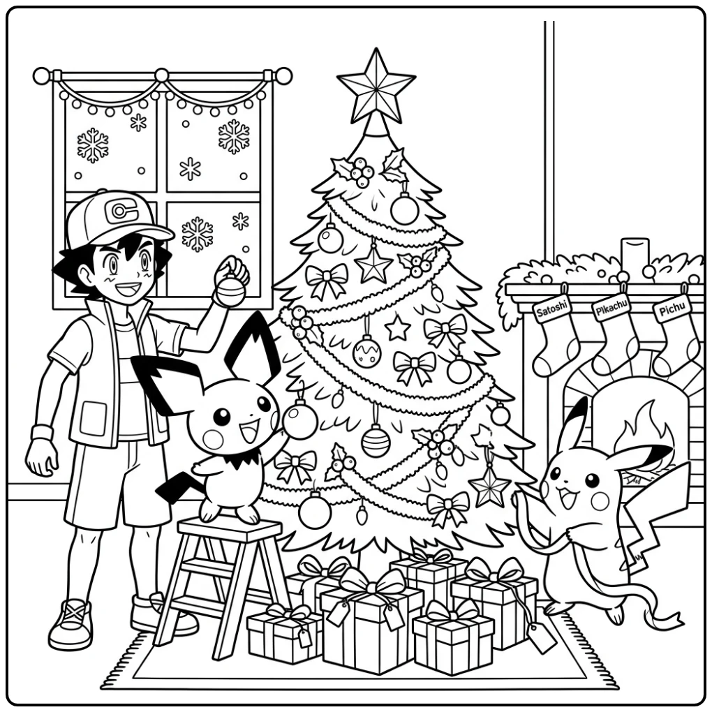Leuke kleurplaat pichu kerst met Satoshi en de kerstboom.