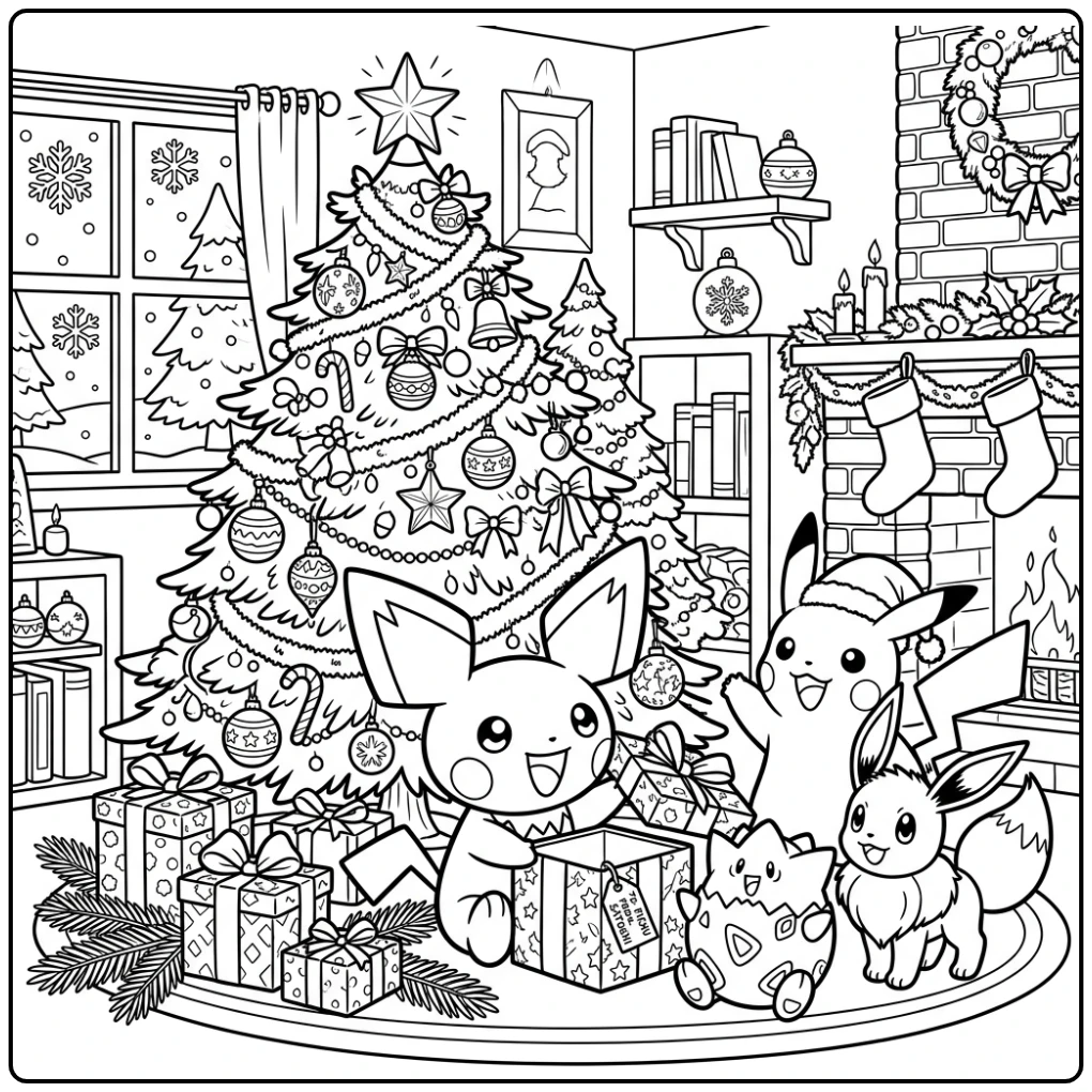 Leuke kleurplaat pichu kerst met vrienden rond de kerstboom.