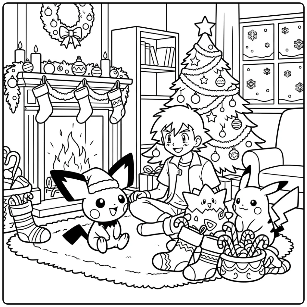 Gezellige kleurplaat pichu kerst met Satoshi bij de haard.