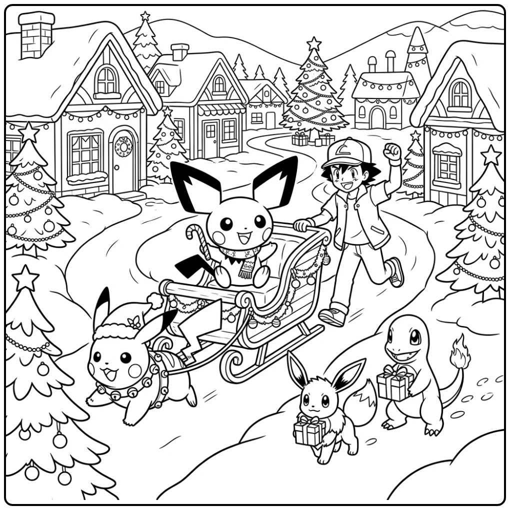 Leuke kleurplaat pichu kerst in een slee met Pikachu.