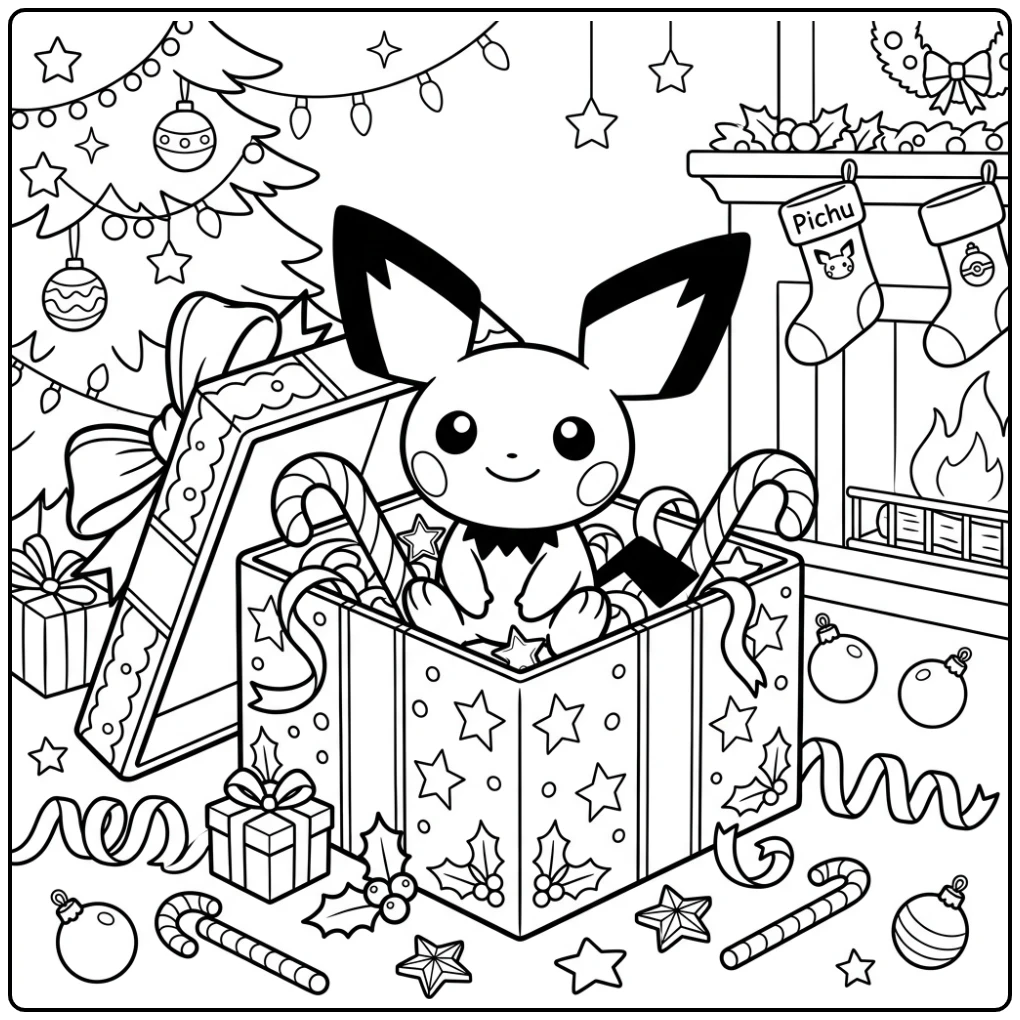 Vrolijke kleurplaat pichu kerst in een open cadeaudoos.