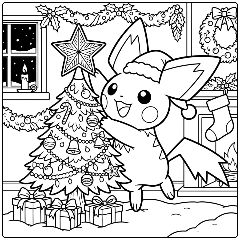 Leuke kleurplaat pichu kerst met een ster in de boom.