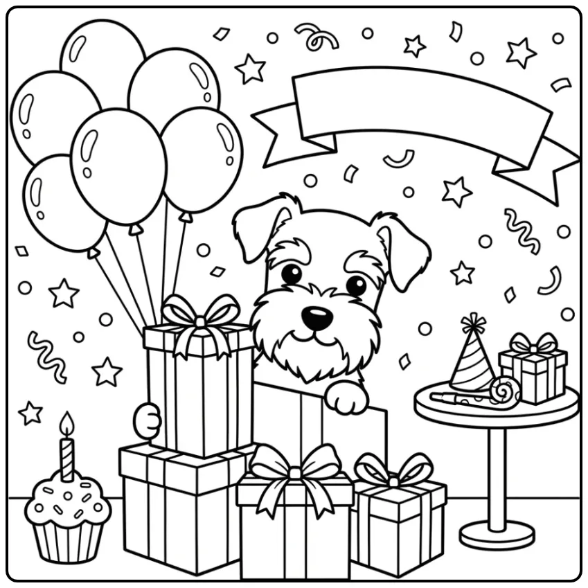 Schattige kleurplaat verjaardag hondje tussen cadeautjes.