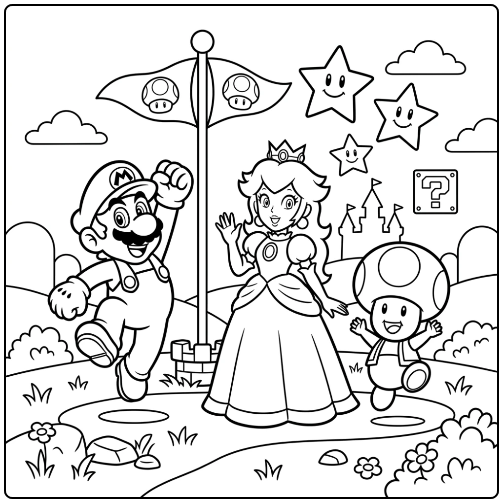 Mario kleurplaat van Mario, Peach en Toad die feestvieren bij de vlag.