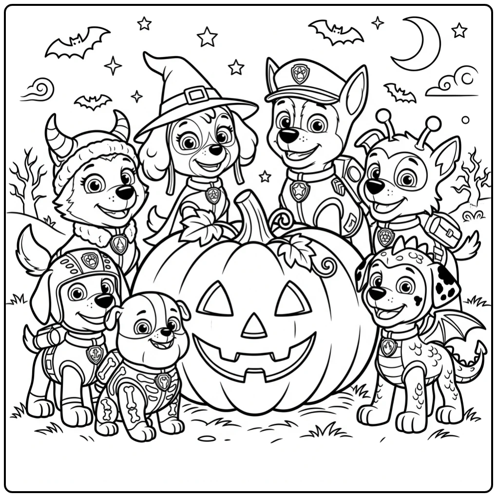 Paw Patrol halloween kleurplaat: team pups verkleed bij pompoen.