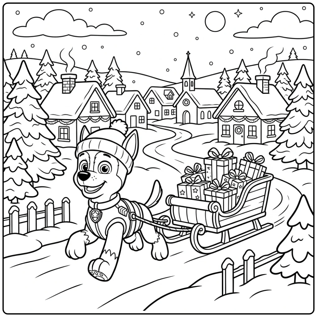 Chase trekt een met cadeaus beladen slee, paw patrol kerst kleurplaat.