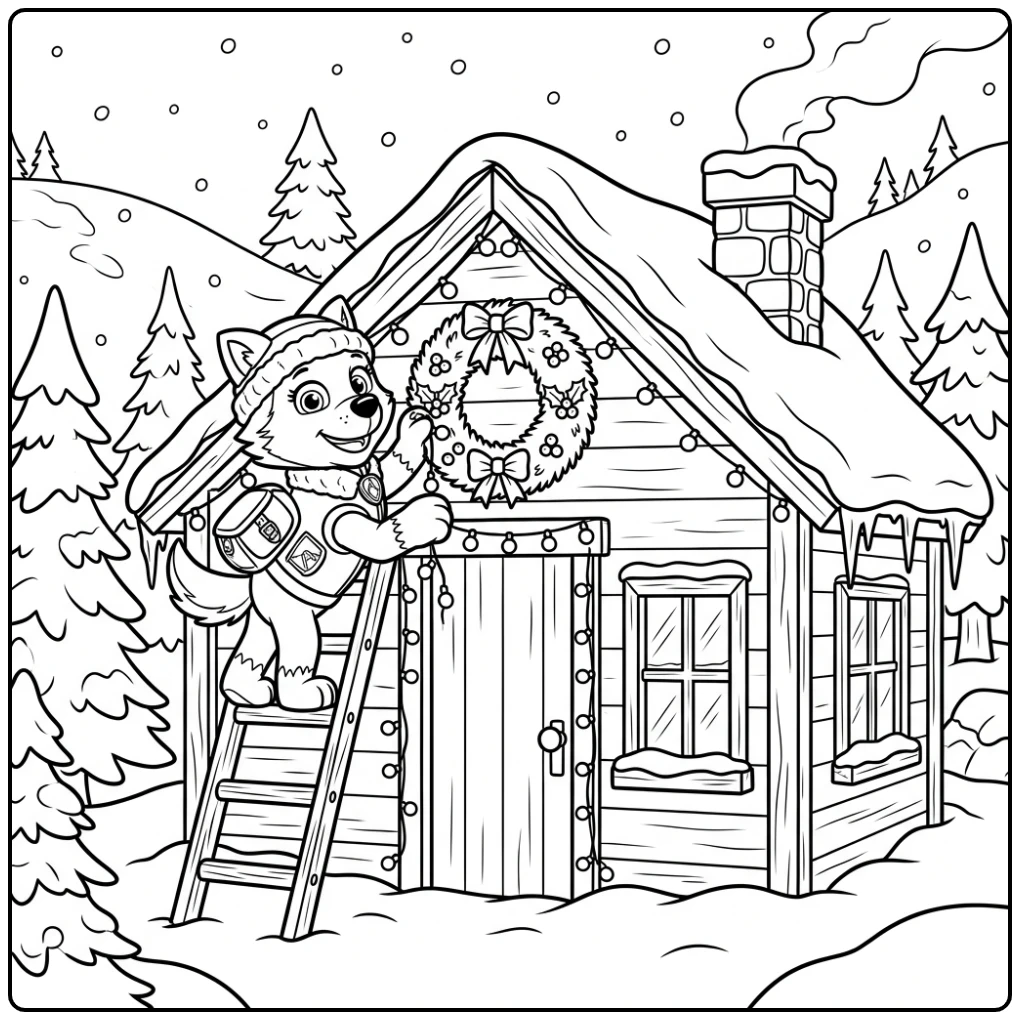 Everest decoreert een besneeuwde hut met krans: paw patrol kerst kleurplaat.