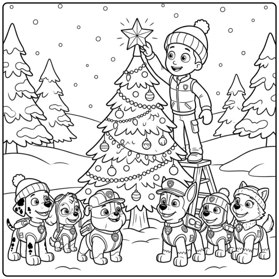 Ryder en pups bij kerstboom, een vrolijke paw patrol kerst kleurplaat