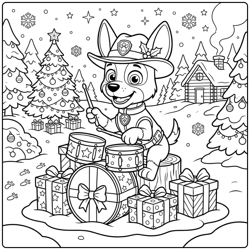Tracker speelt drum op pakjes in een snowy paw patrol kerst kleurplaat.