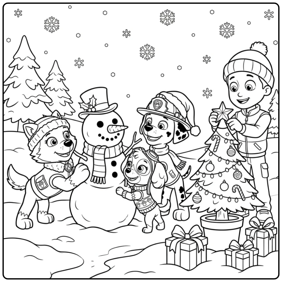 paw patrol kerst kleurplaat met Skye, Everest, Marshall en sneeuwpop.