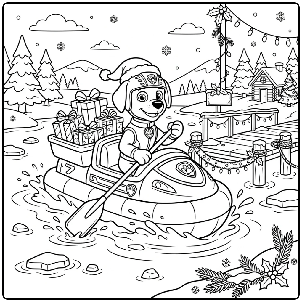 Zuma op een avontuurlijke paw patrol kerst kleurplaat door ijzig water.